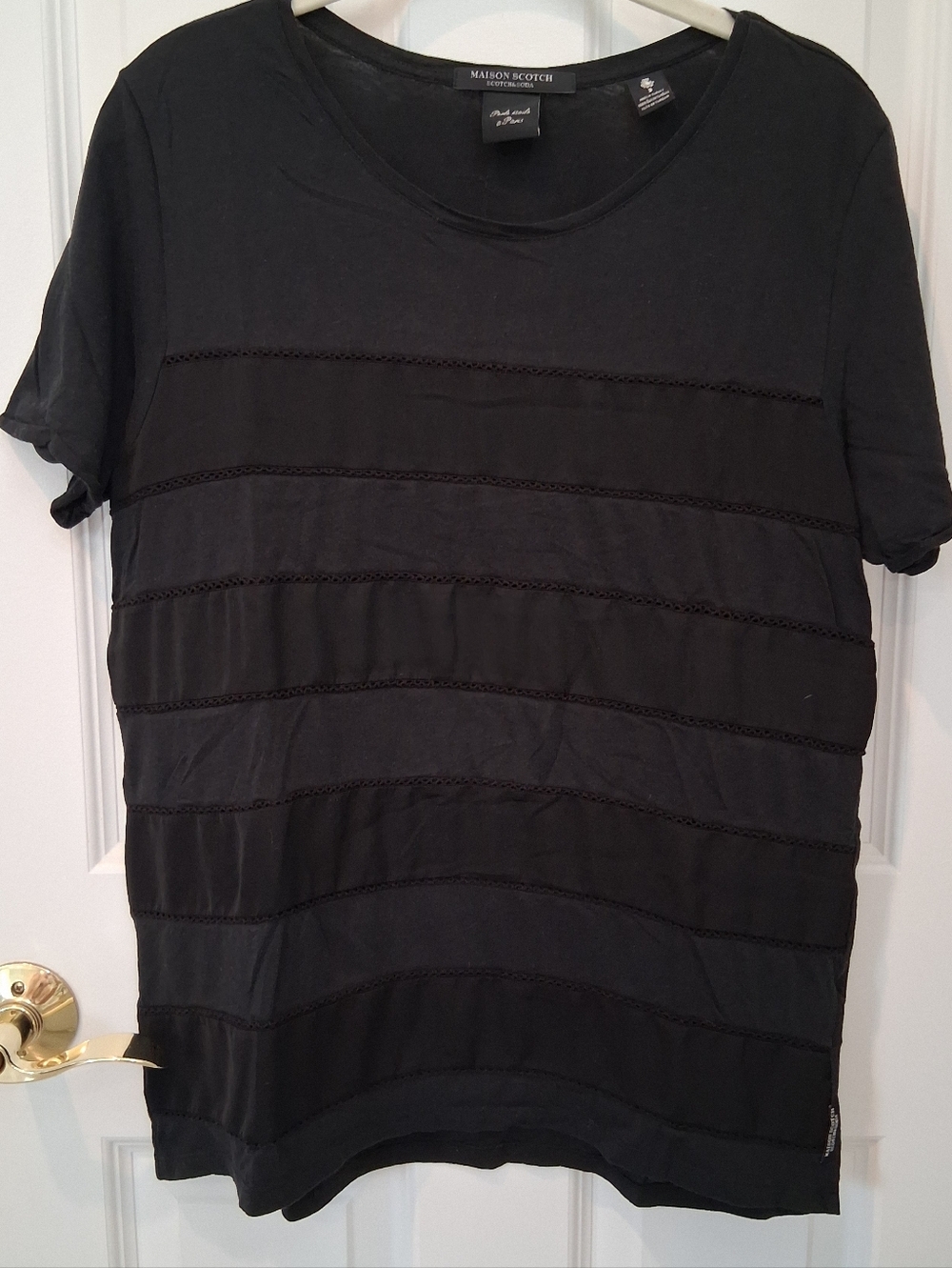 Scotch & Soda Black Short Sleeve Scoop Neck Tee with Horizontal Lace Bands
